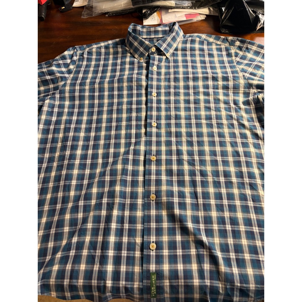 Orvis Heritage Wash Blue Plaid Short Sleeve Button Down Shirt Mens Classic Fit